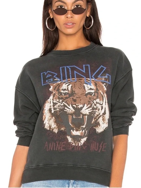 Anine Bing Tops - Anine Bing Black Graphic Tiger Crewneck Sweatshirt with Blue Logo